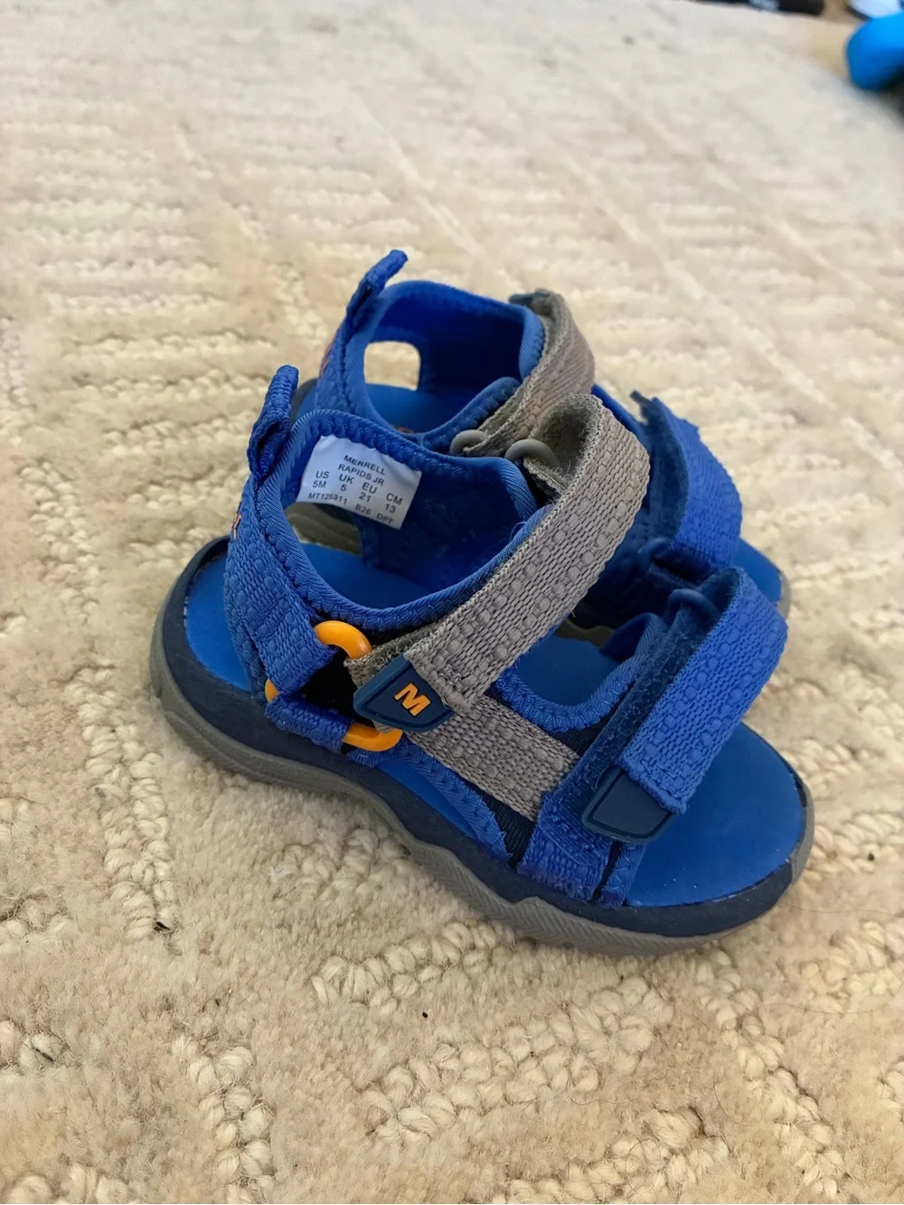 Merrell Blue and Gray Kids' Outdoor Sandal with Orange Accent
